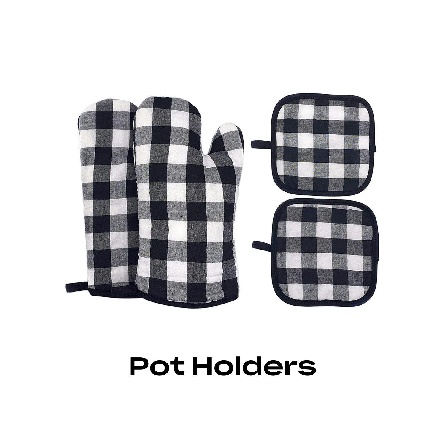 Black and white checkered oven mitt and pot holders on a white background.