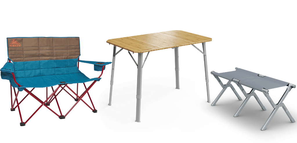 A blue loveseat camp chair, wood grain camp table, and a grey camp bench.