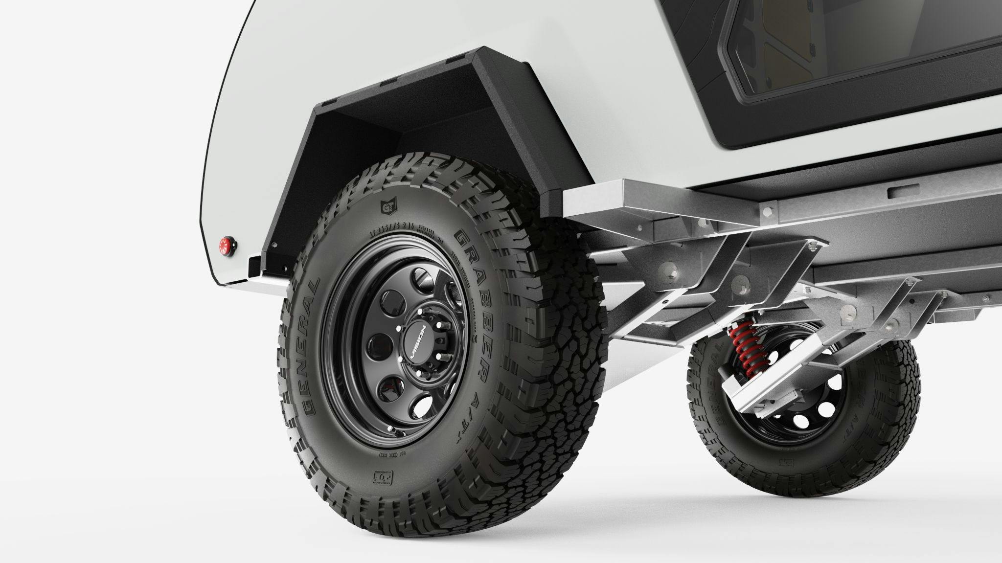 A rendering of TOPO2 Nomad featuring the wheels, tires, and freeride suspension system.