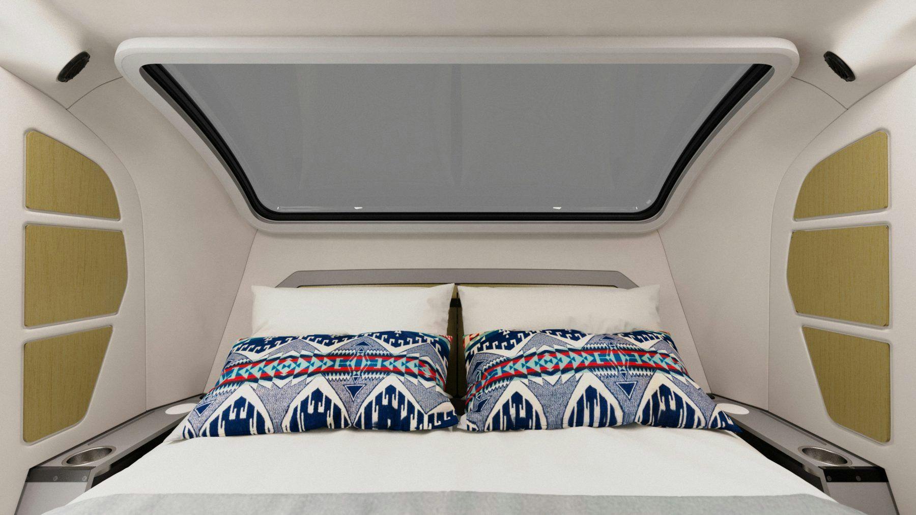 Rendering of the interior of the TOPO2 displaying a queen sized bed, headboard storage, a stargazer window, and nightstands.