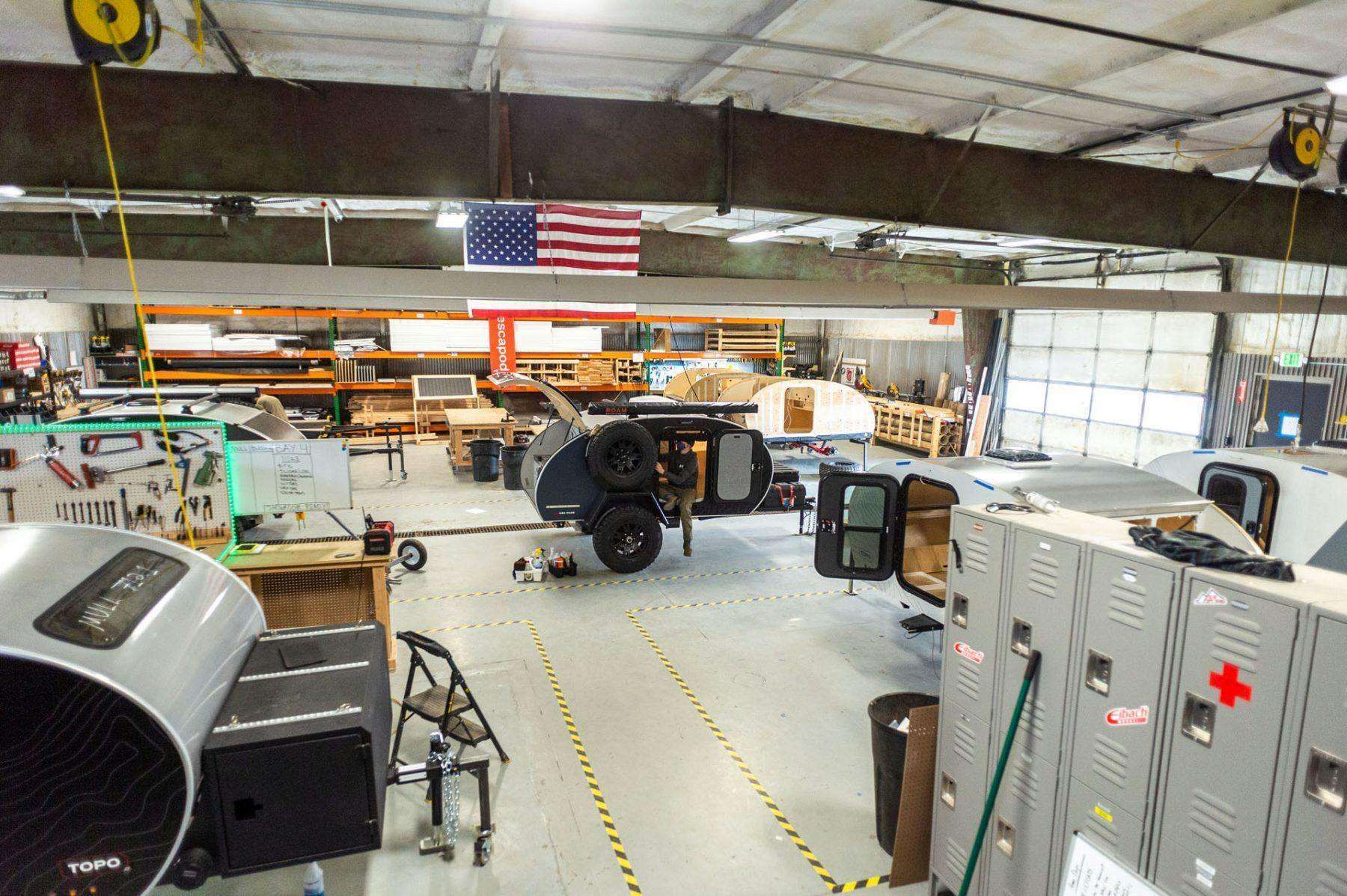 Teardrop campers being manufactured in a small business facility.