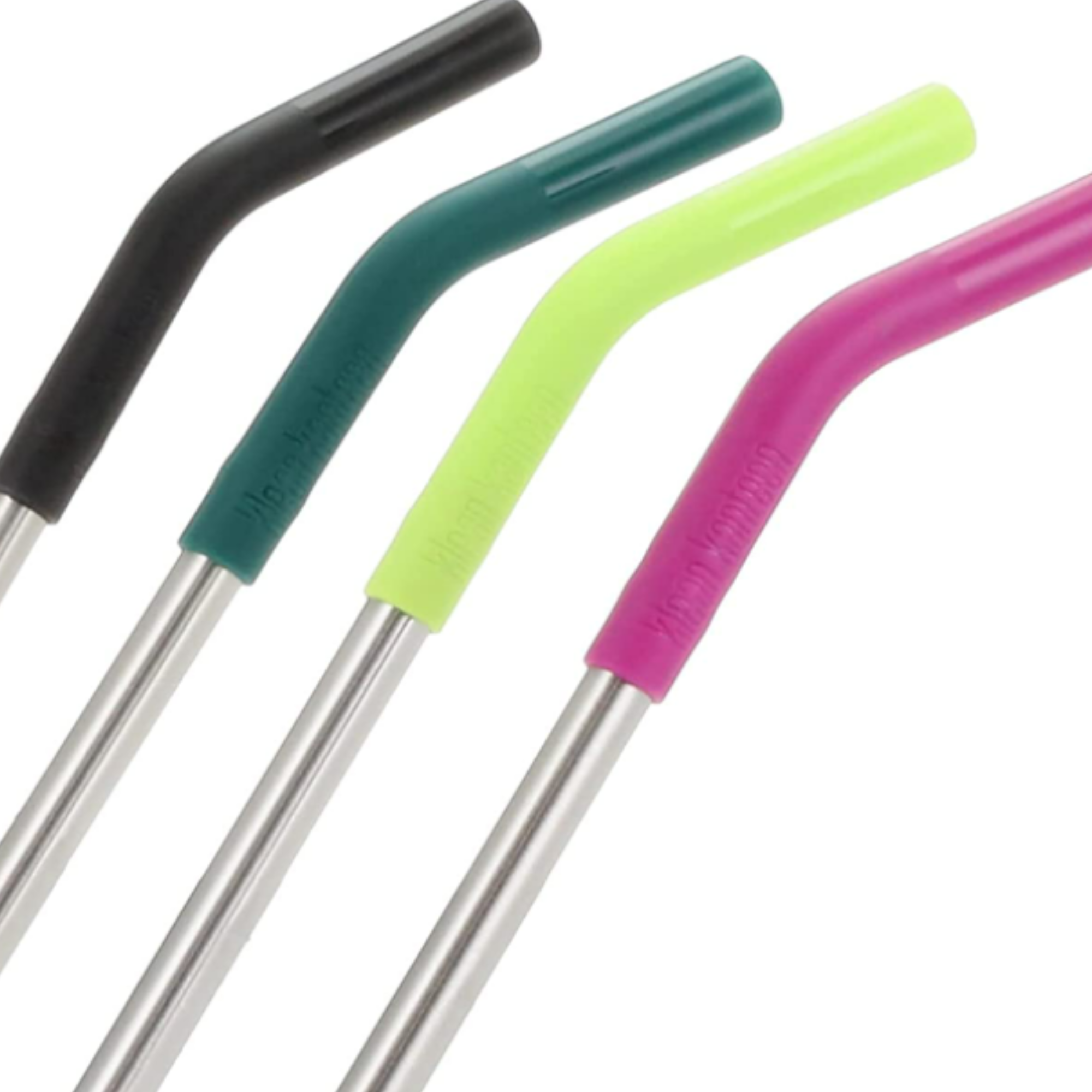 Four reusable straws in a variety of colors (one in black, one dark green, one neon green, and one magenta) 