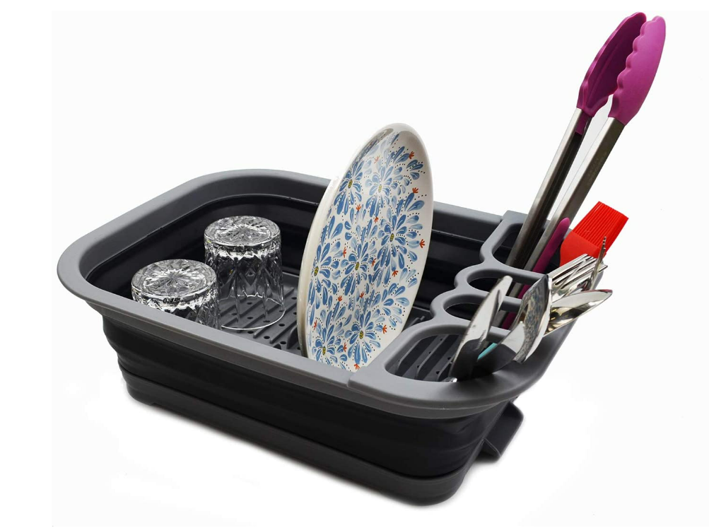 Graphic for collapsible dish drying rack, perfect for a teardrop trailer.