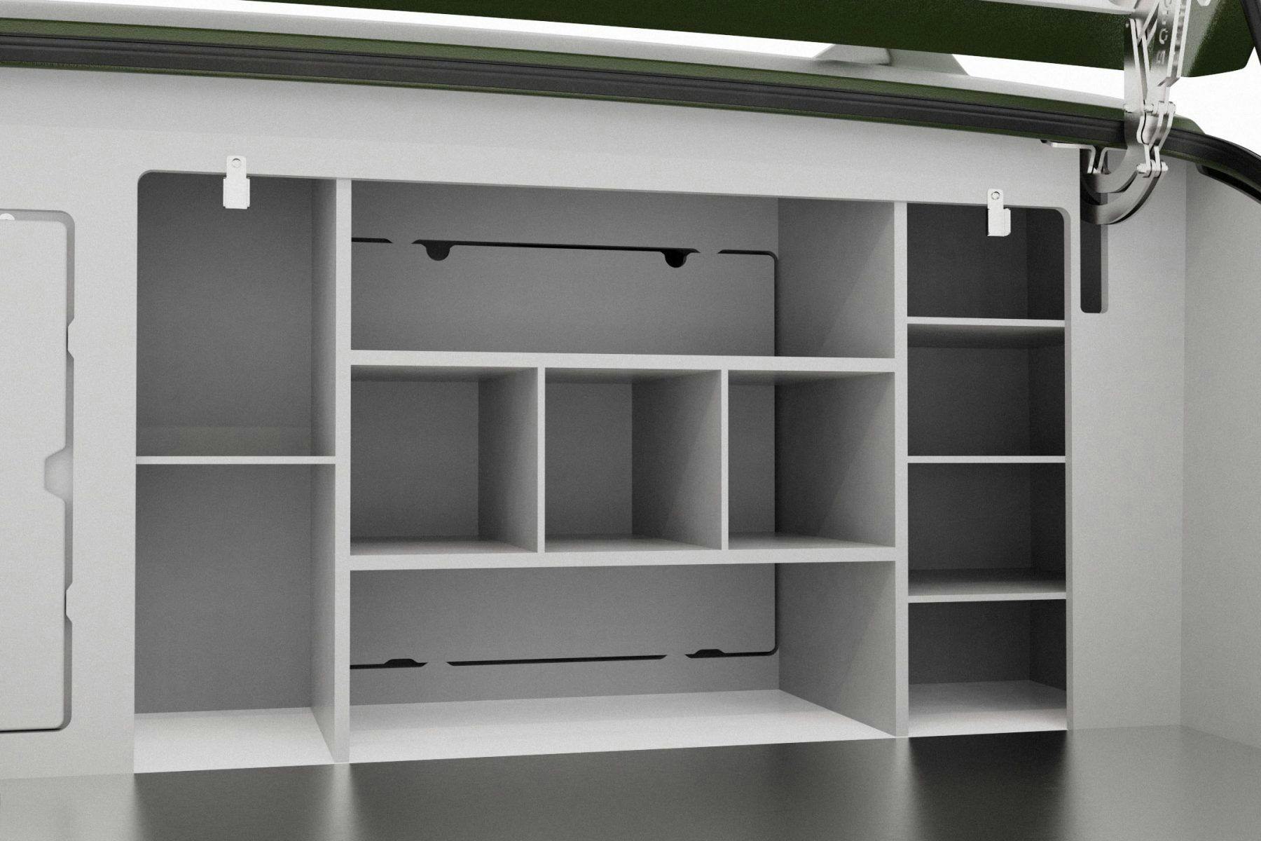 Rendering of the modular shelving in the galley of the TOPO2, an adventure trailer.