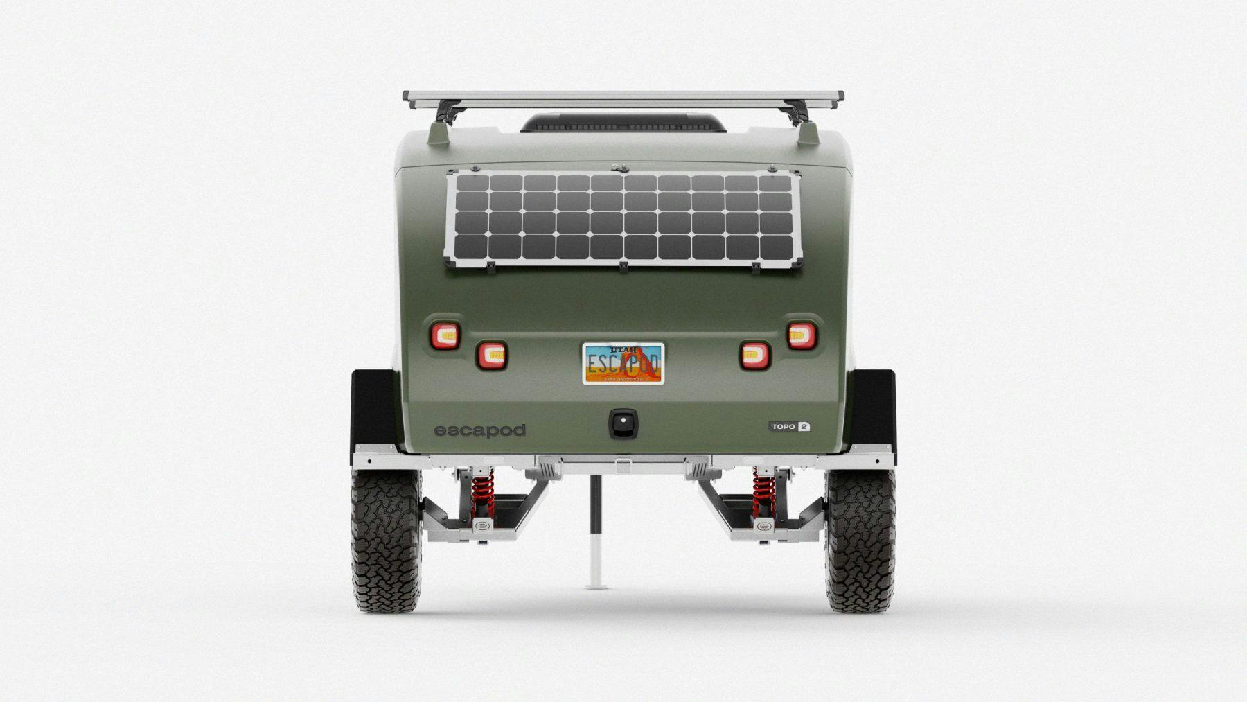 Rendering of the rear of a TOPO2, showing the Freeride Suspension system and Solar panel.