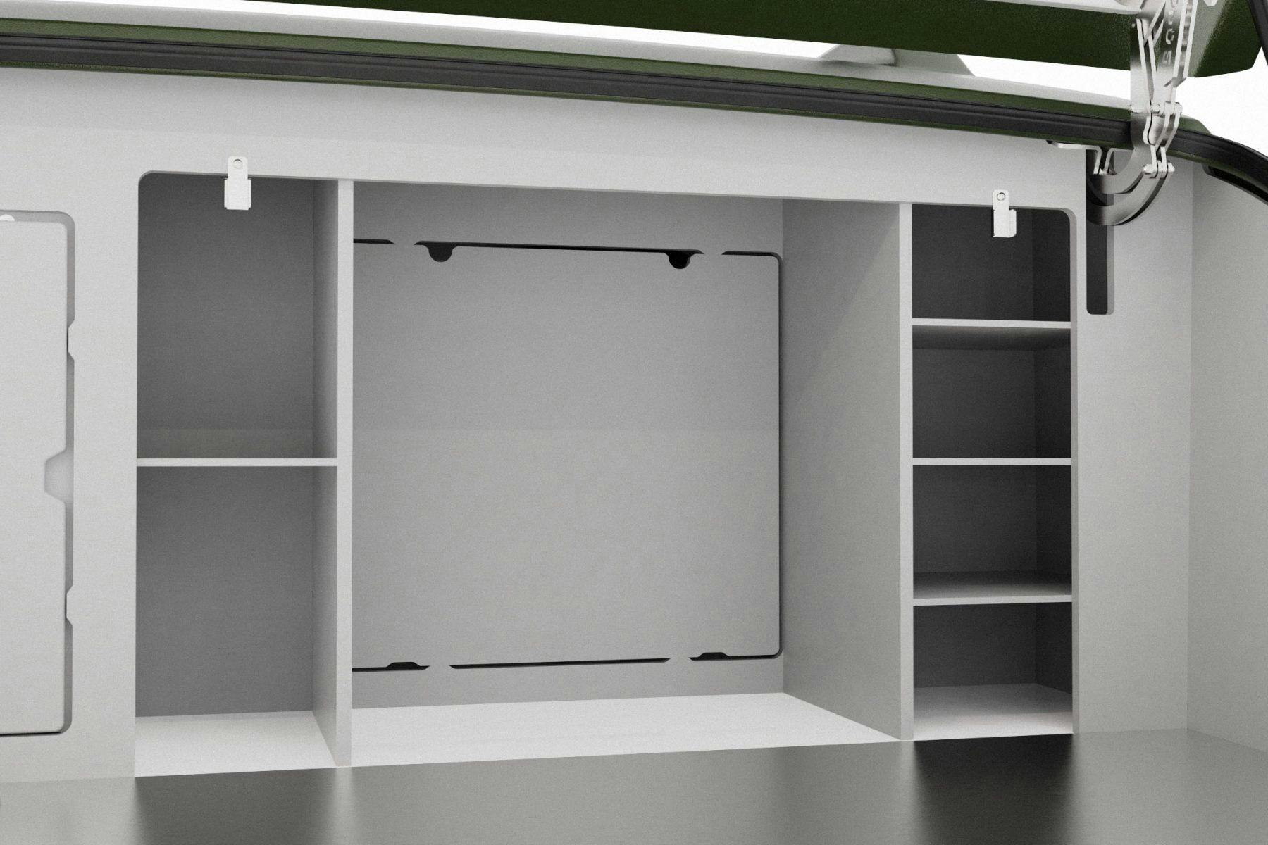 Rendering of the access panel to the utilities closet in the galley of the TOPO2, a teardrop trailer.