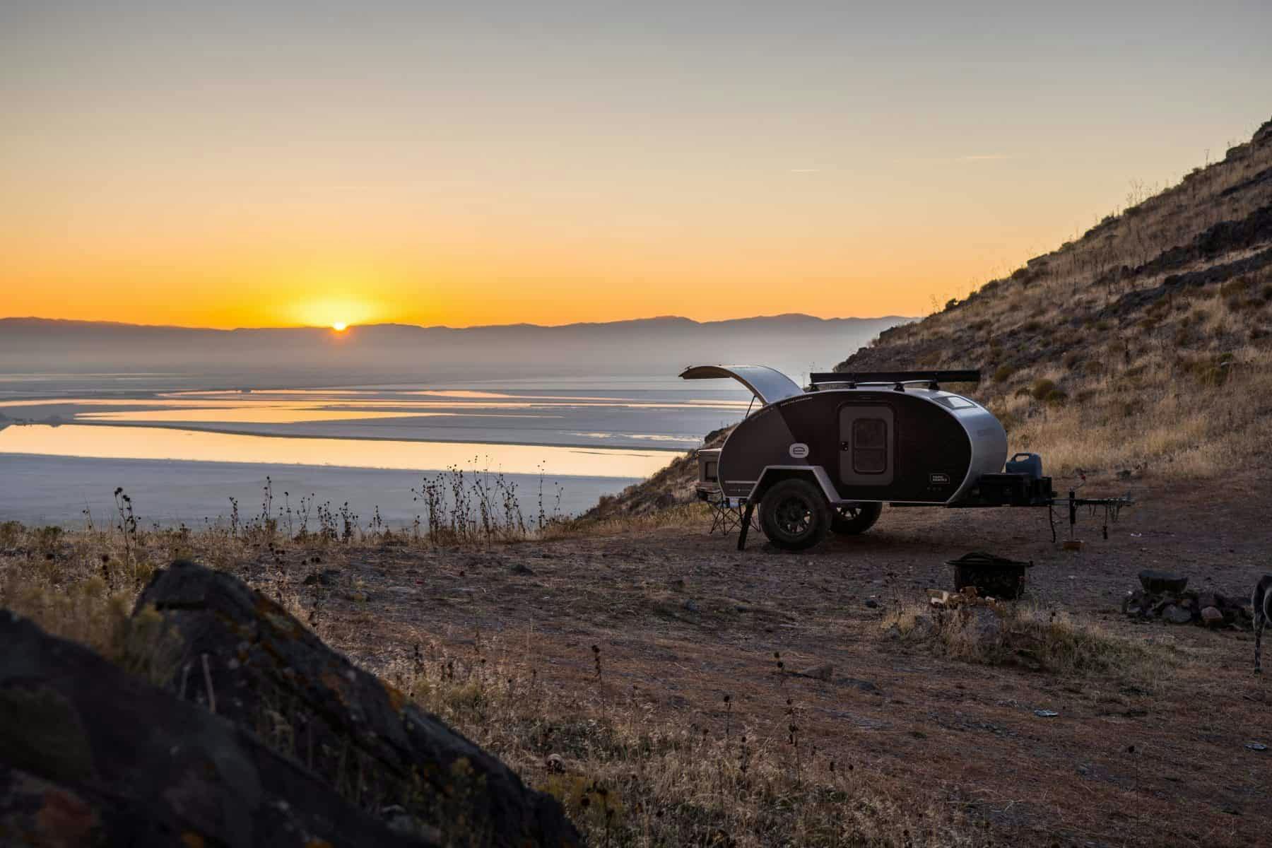 A teardrop trailer parked at Stansbury Island (Bureau of Land Management)