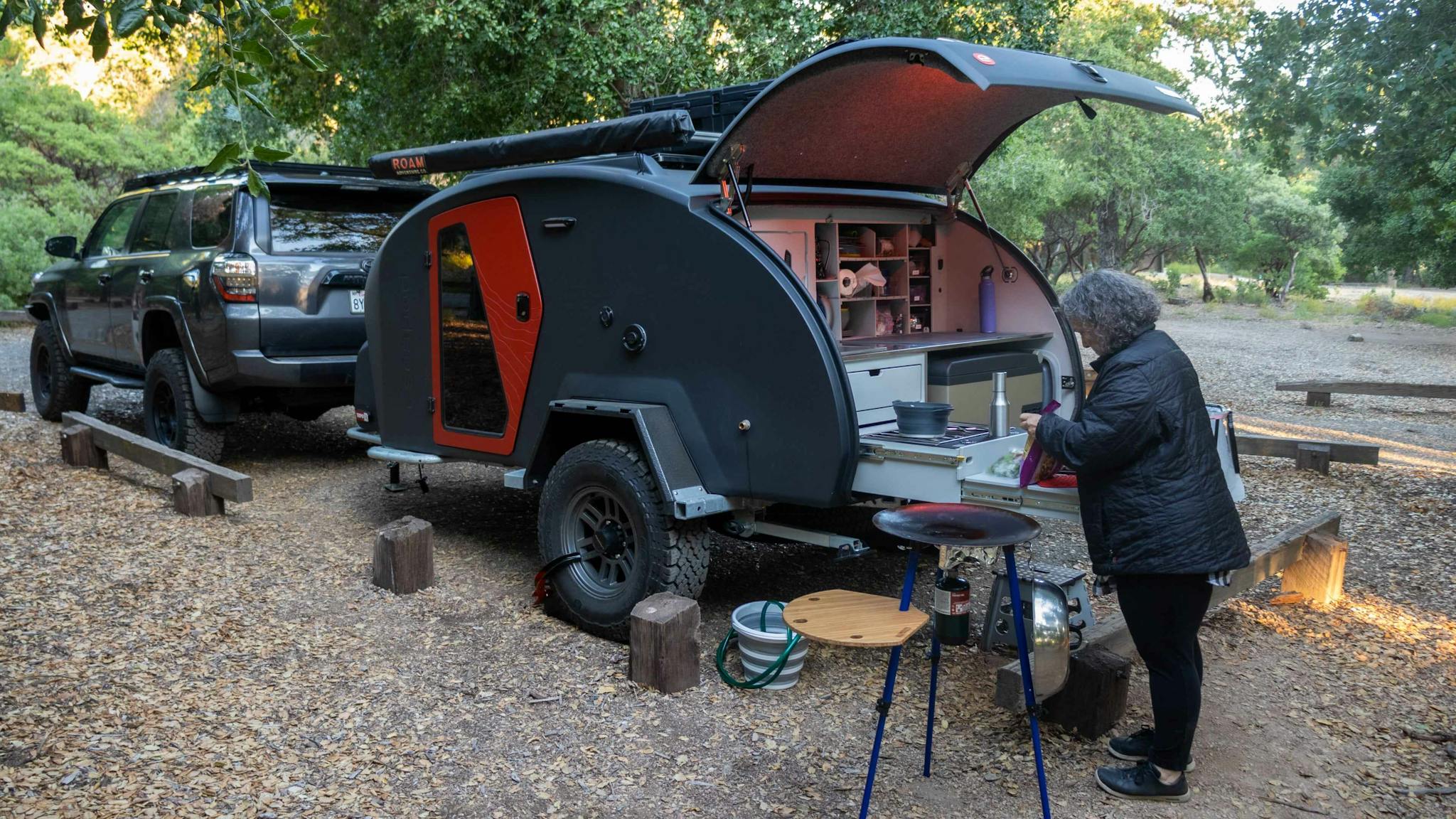 The galley of a TOPO2 Voyager being used at a campsite