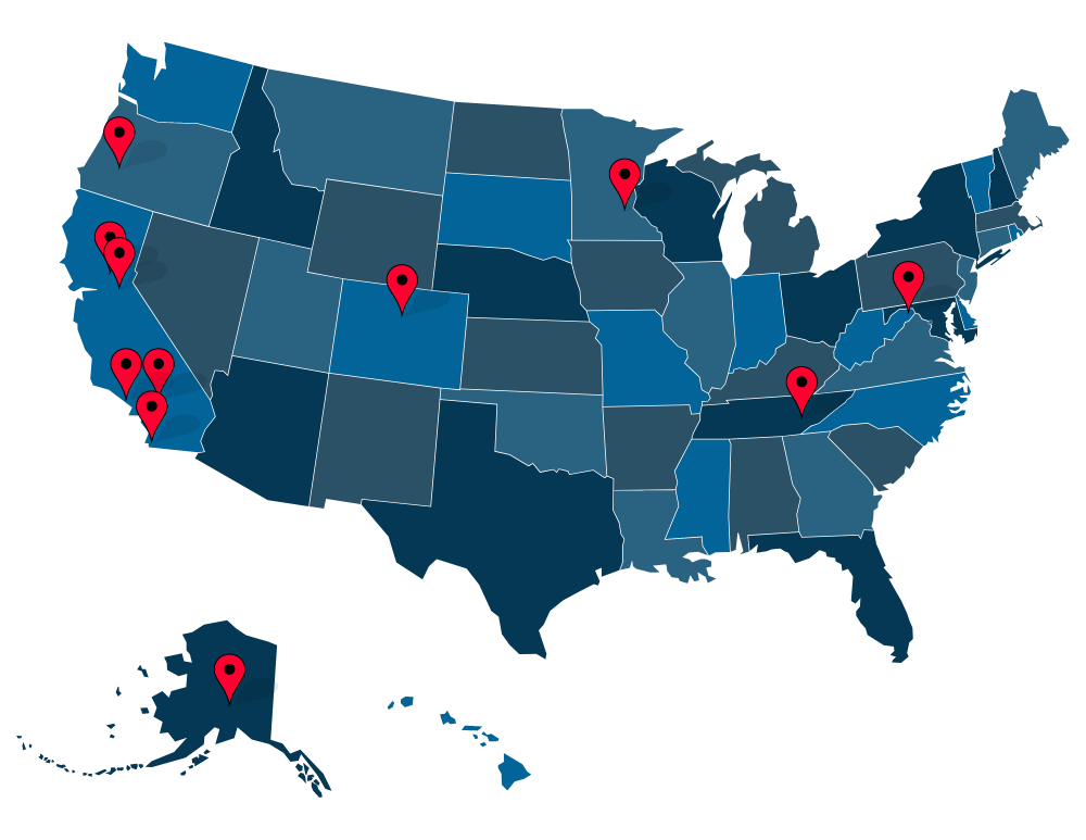 A map of the United States in variations of blue with 11 pin points for Escapod Pod Guides where customers can view a teardrop trailer.