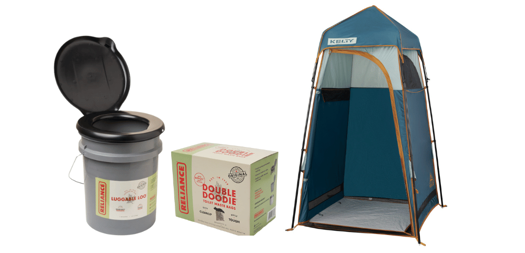Portable toliet, bags, and privacy shelter.