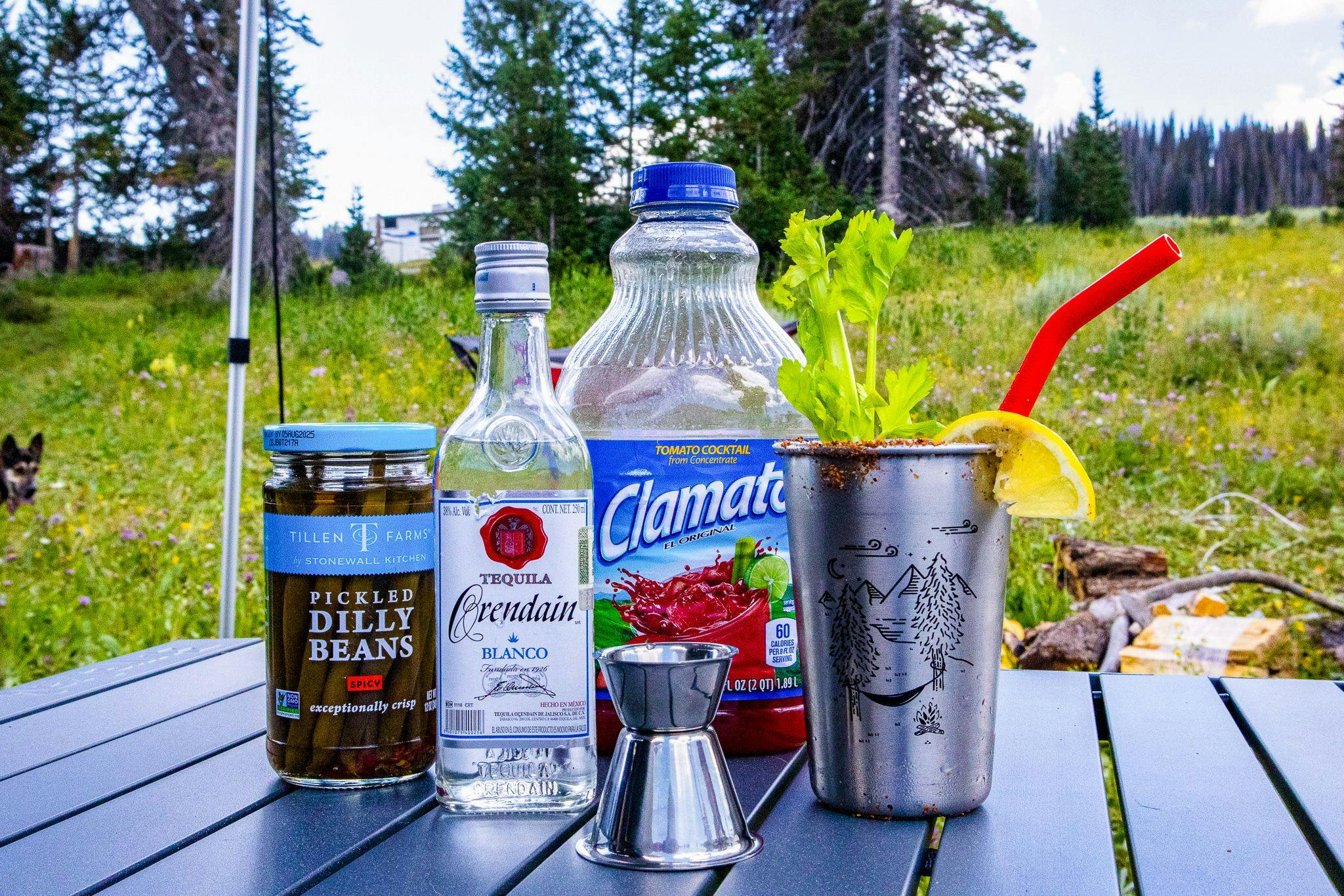 Ingredients for a cold camp cocktail, outside on a table on a teardrop camping trip. 