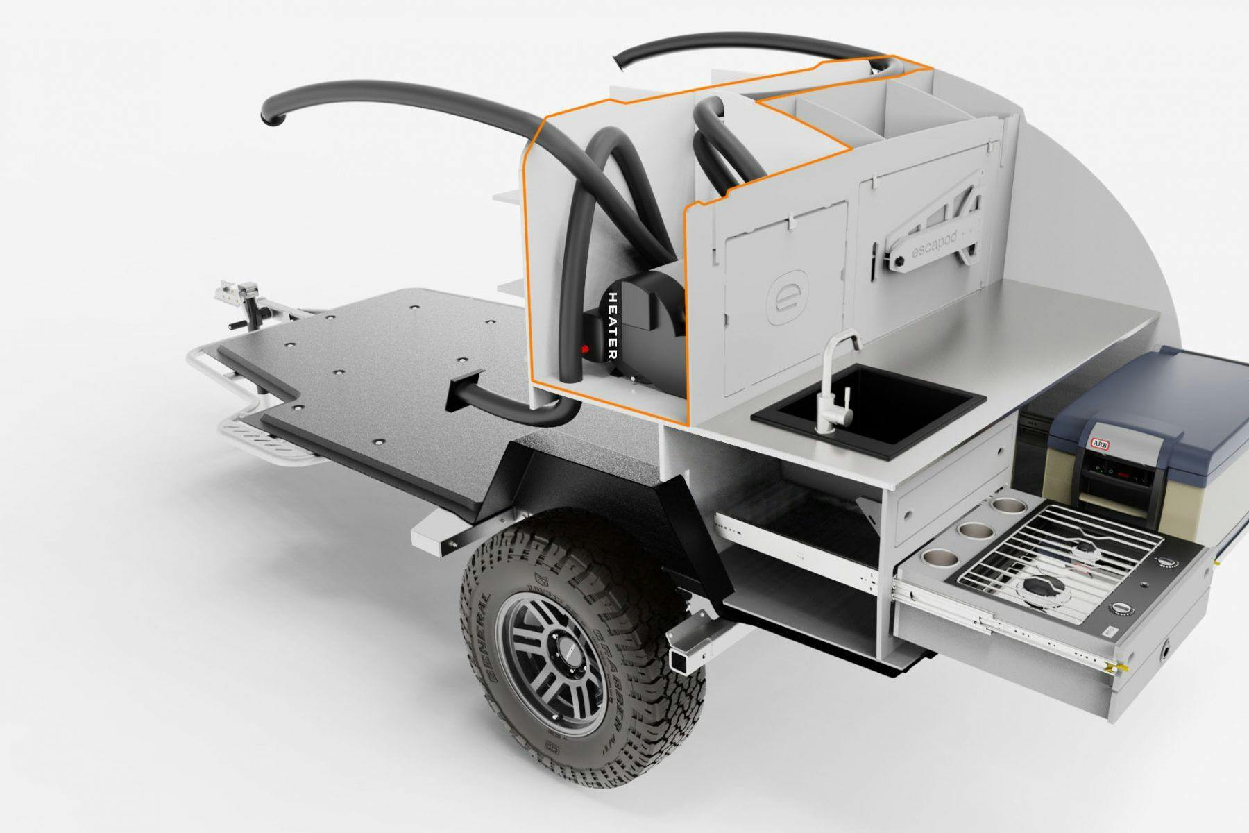 A rendering displaying the Utilities Closet within the TOPO2, an adventure trailer.