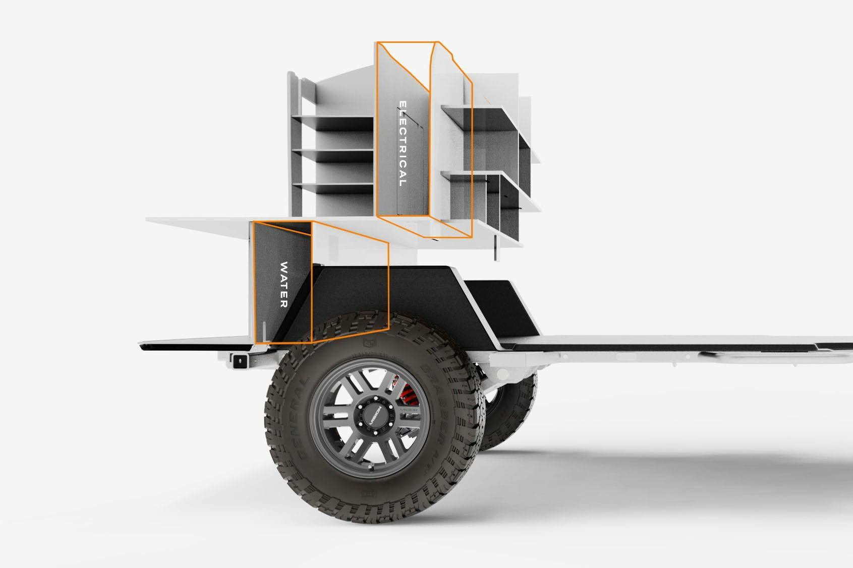 A rendering of the TOPO2 displayinng where the mechanicals and the water tank of the trailer are.